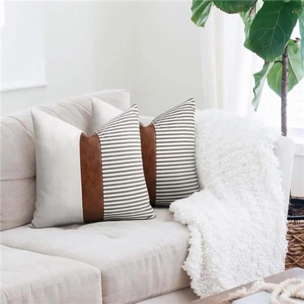 Set of 2 Farmhouse Decor Stripe Patchwork Linen Throw Pillow